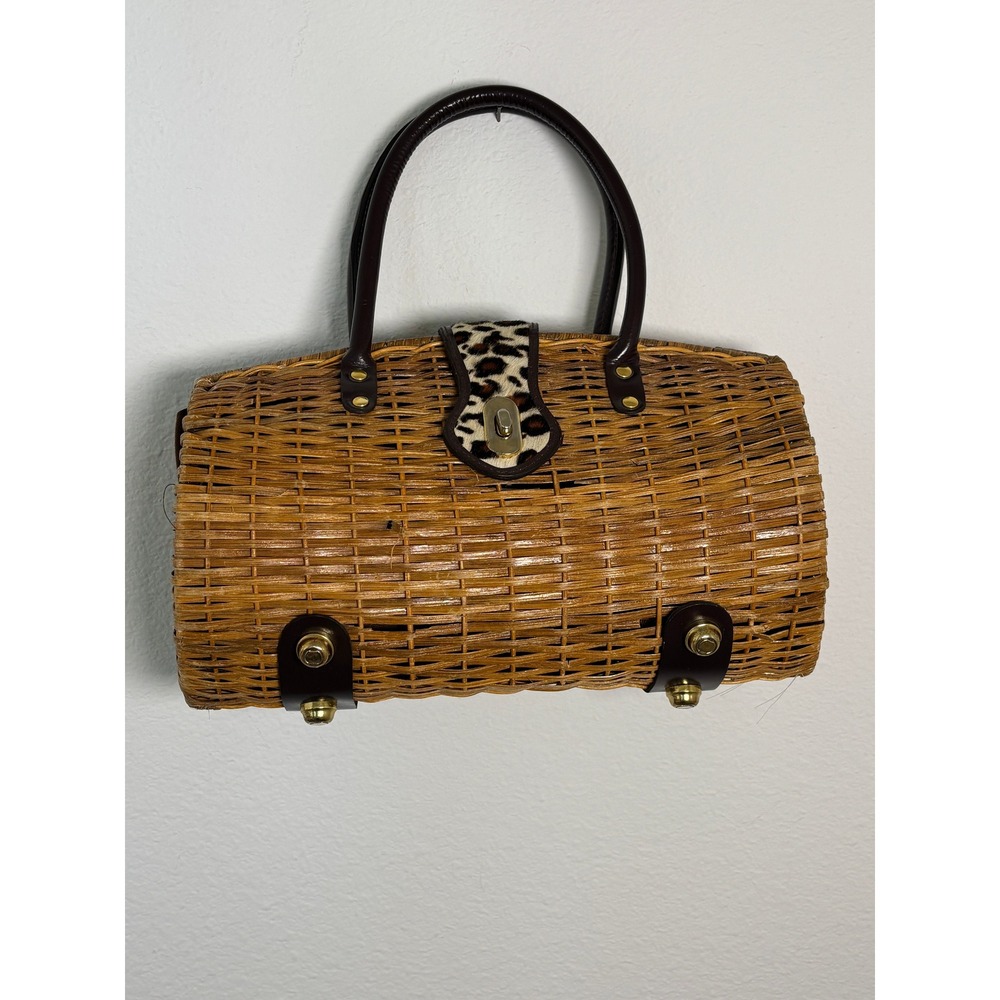 Adrienne Vittadini Wicker Barrel Bag Leopard Calf Hair Trim Satchel Brown Woven